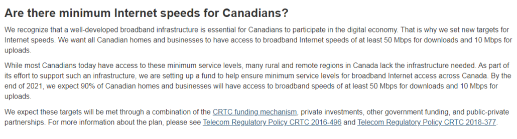 CRTC Minimum Internet Speeds For Canadians